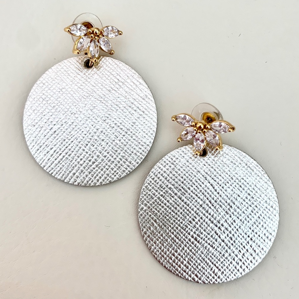 Art Deco style Leather Statement Earrings, Silver